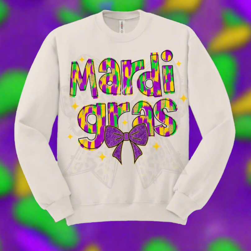 MARDI GRAS WITH BOW - CREWNECK